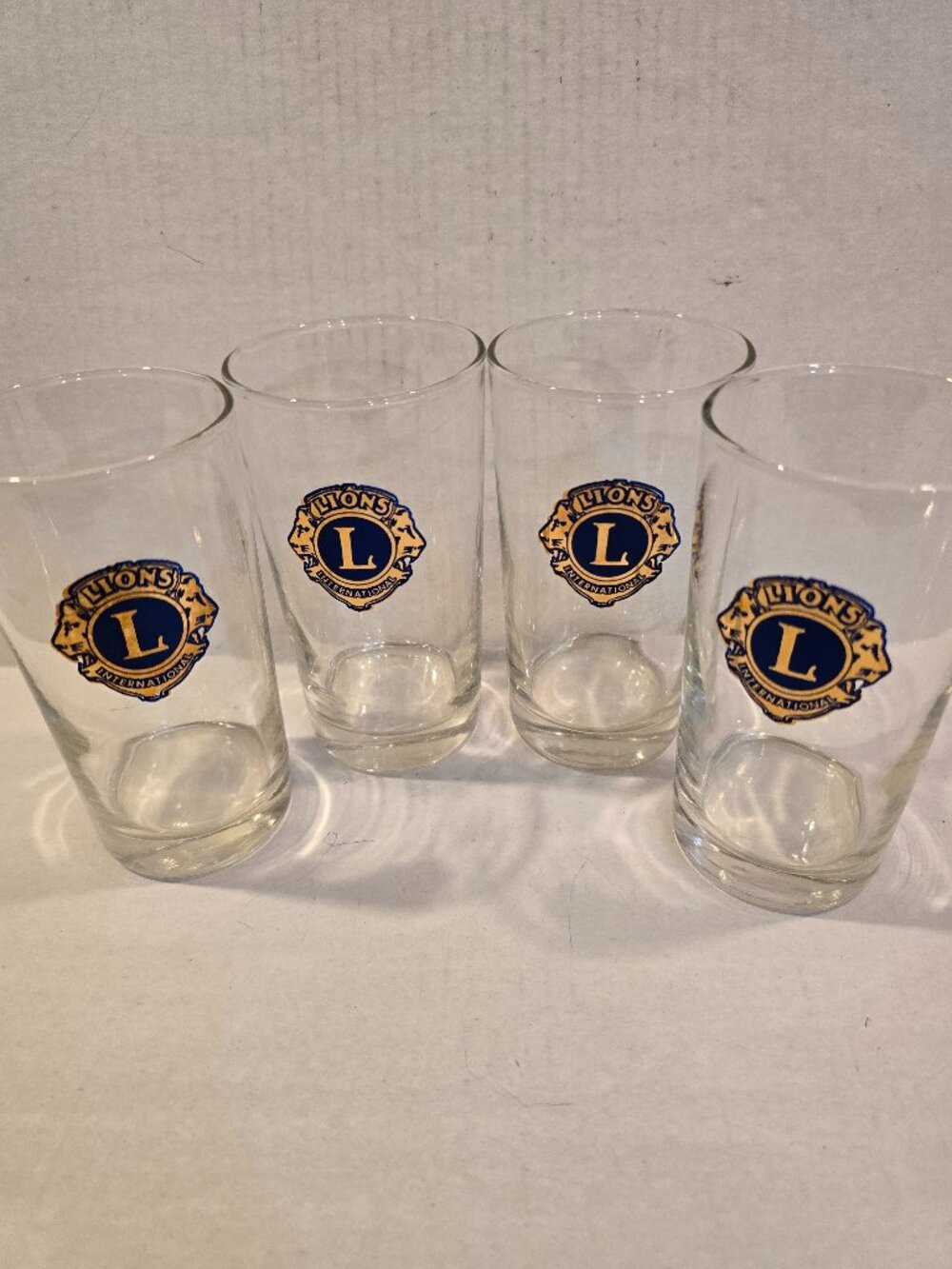 Lions International Cocktail Hi-ball Glass Set of 4 Blue Gold Logo Clear Glass